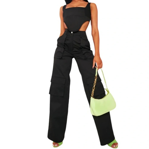 PRETTYLITTLETHING NWT Black Twill Pocket Detail High  Waist Cargo Pants Size 0 - Picture 1 of 12